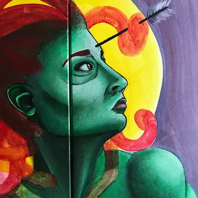 Bold color-blocked profile with surreal arrow motif, luminous background halo, and expressive painterly brushwork.