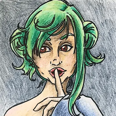 Hand-drawn colored illustration of a green-haired girl with red eyes holding a finger to her lips, stylized fantasy character artwork with bold ink outlines and textured shading.