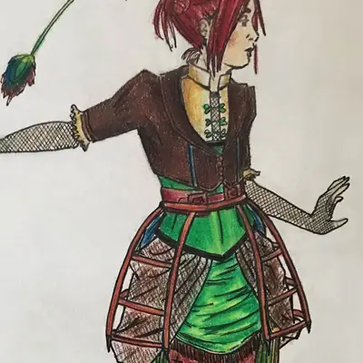 Renaissance-inspired fantasy costume with green and brown layered dress, corset cage skirt, fishnet sleeves, feathered headpiece, and heeled boots.